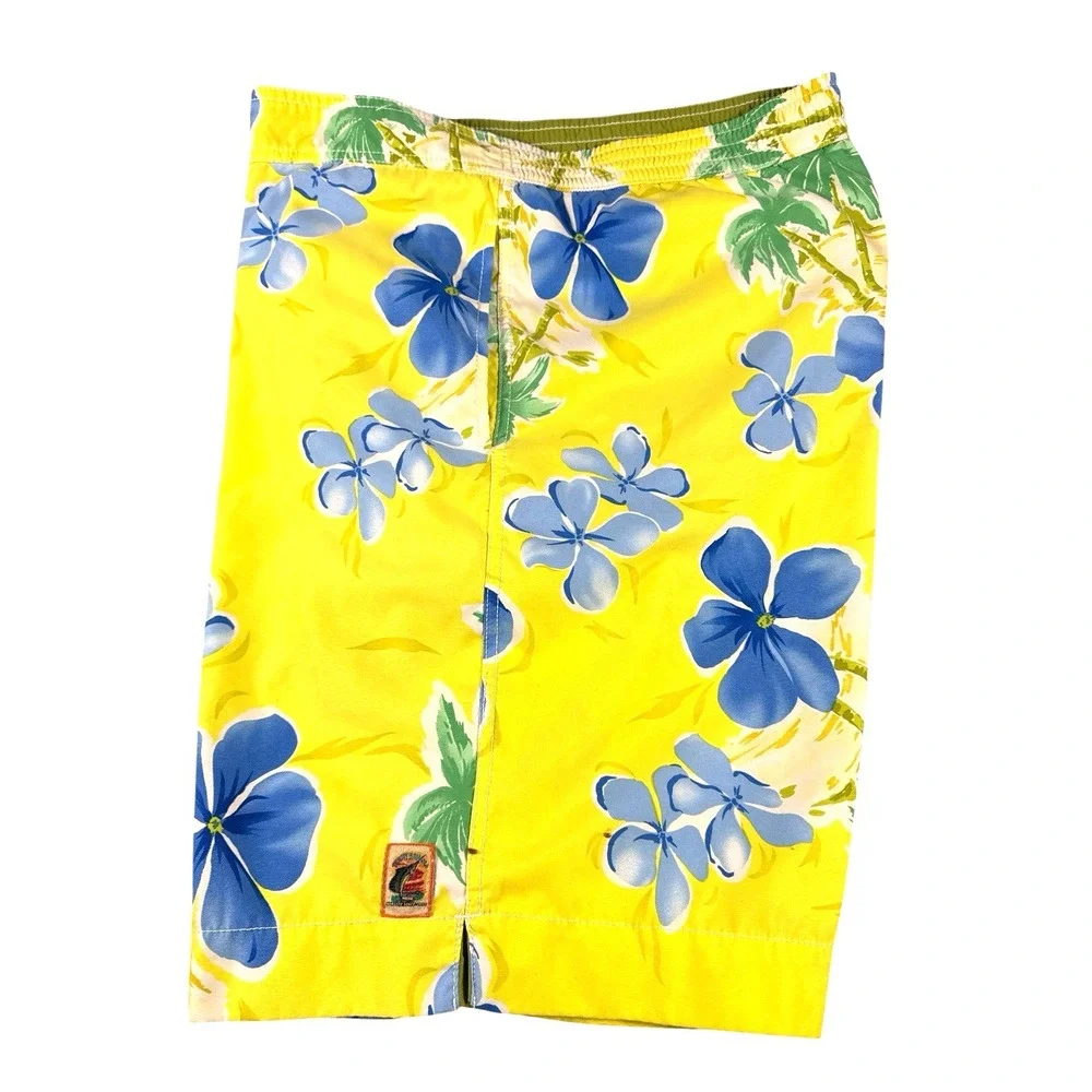 Tommy Bahama Swim Trunks Mens XL Yellow Floral Palm Floral Mesh Lining Board Sho